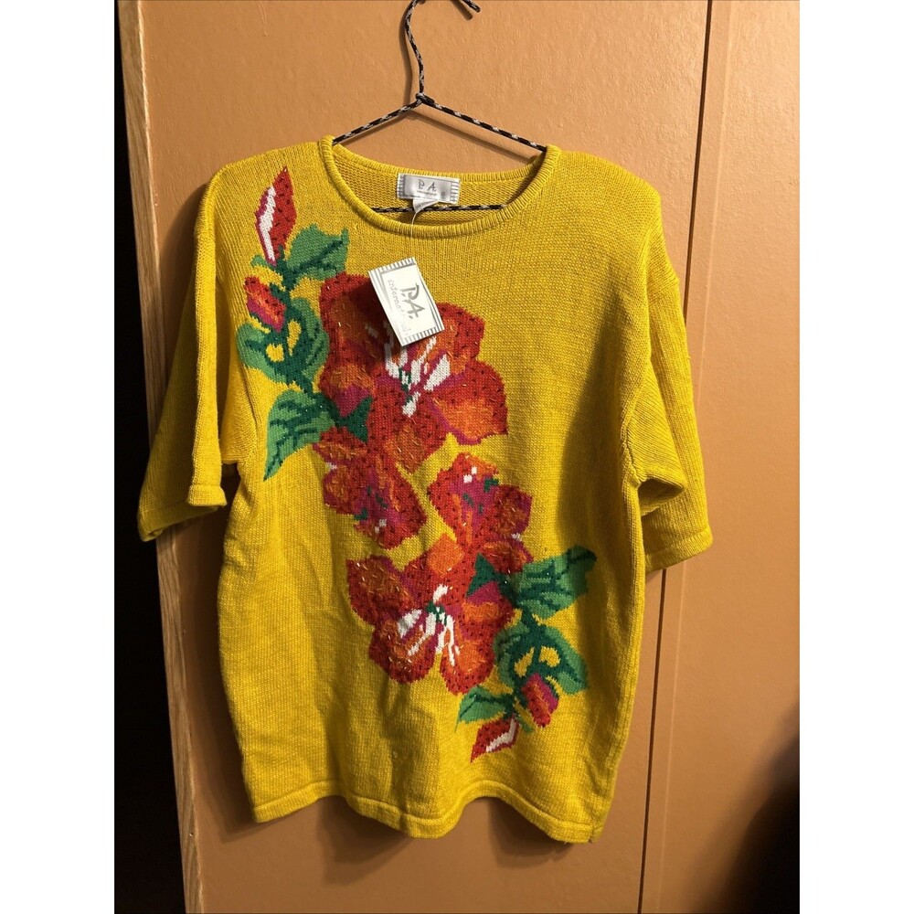 Vintage P.A. International Yellow Knit Sweater Red Floral Shirt Top Sz Large